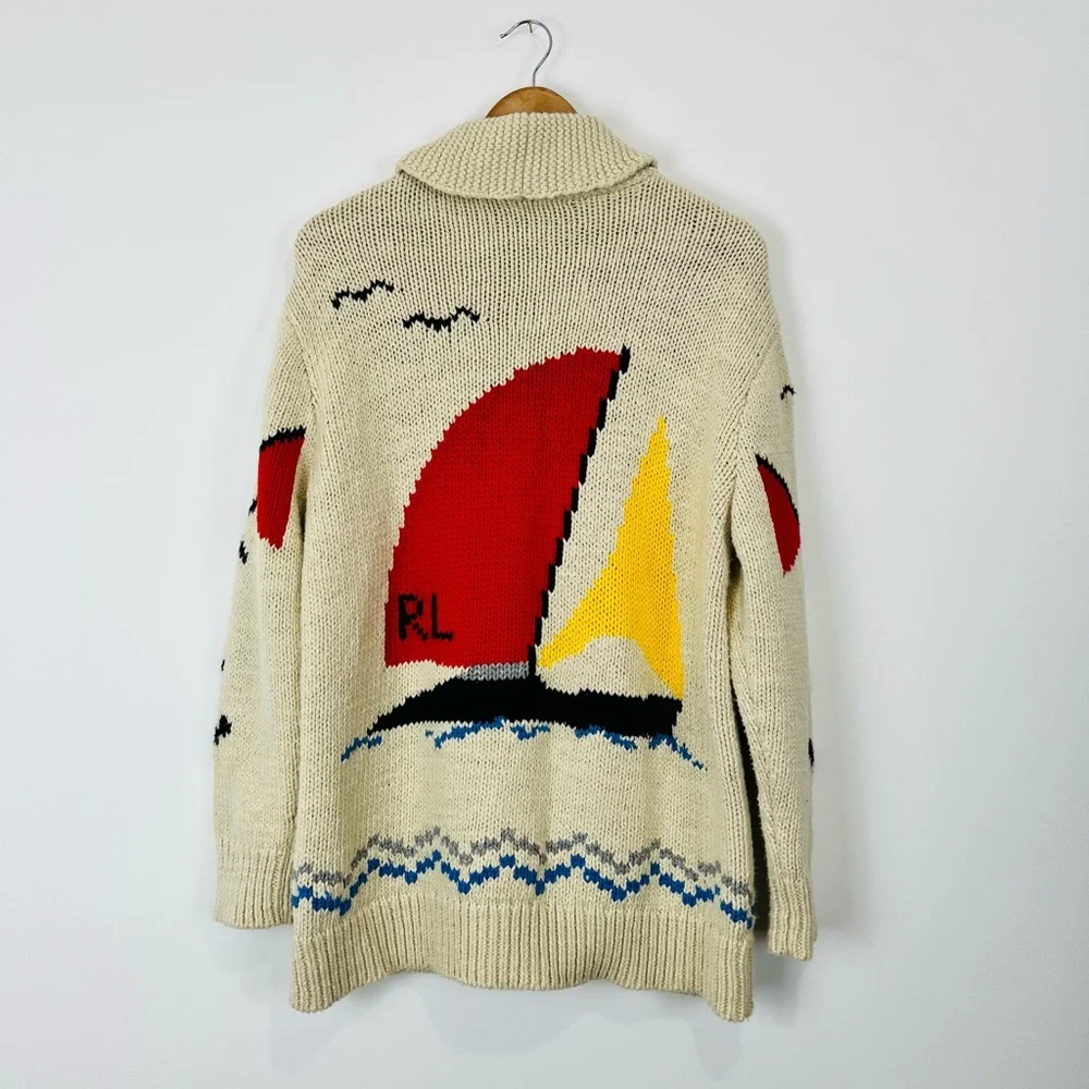 Polo Ralph Lauren Cream Boating Nautical Chunky Knit Zipped Cardigan UK L - Picture 14 of 15